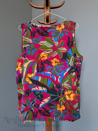 magenta pink tropical sleeveless shirt with floral leaf patterning, brandless