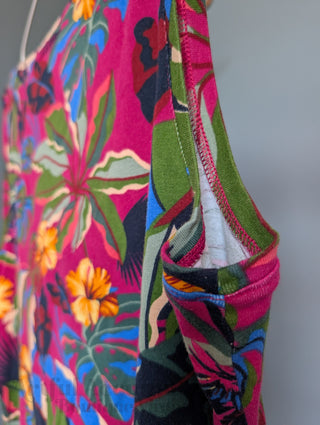 magenta pink tropical sleeveless shirt with floral leaf patterning, brandless