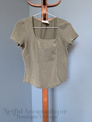 green gray capped sleeve square neck ribbed striped fitted vintage shirt by French Pastry