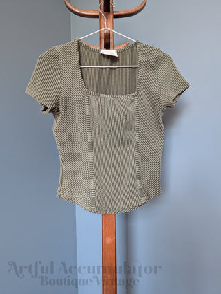 green gray capped sleeve square neck ribbed striped fitted vintage shirt by French Pastry