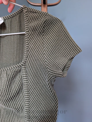 green gray capped sleeve square neck ribbed striped fitted vintage shirt by French Pastry