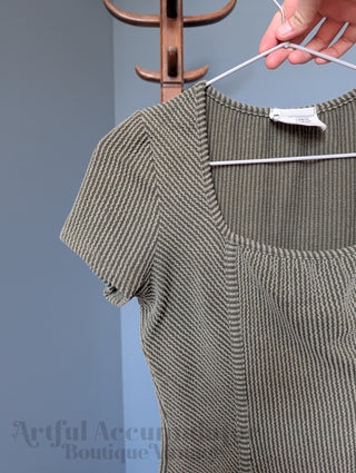 green gray capped sleeve square neck ribbed striped fitted vintage shirt by French Pastry