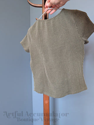 green gray capped sleeve square neck ribbed striped fitted vintage shirt by French Pastry