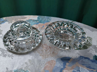 "glass shorties" set of two short glass candlestick holders with a carved geometric design -  - #tag1# - #tag2# - #tag3# - #tag4# - the Artful Accumulator's Vintage Boutique