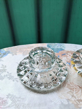 "glass shorties" set of two short glass candlestick holders with a carved geometric design -  - #tag1# - #tag2# - #tag3# - #tag4# - the Artful Accumulator's Vintage Boutique