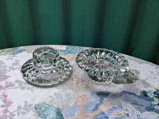 "glass shorties" set of two short glass candlestick holders with a carved geometric design -  - #tag1# - #tag2# - #tag3# - #tag4# - the Artful Accumulator's Vintage Boutique