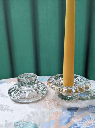 "glass shorties" set of two short glass candlestick holders with a carved geometric design -  - #tag1# - #tag2# - #tag3# - #tag4# - the Artful Accumulator's Vintage Boutique