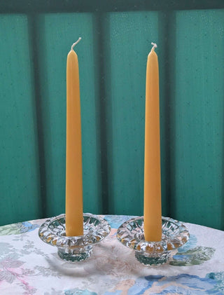 "glass shorties" set of two short glass candlestick holders with a carved geometric design -  - #tag1# - #tag2# - #tag3# - #tag4# - the Artful Accumulator's Vintage Boutique
