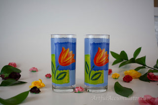 highball with tulips, opaque blue background -  - #tag1# - #tag2# - #tag3# - #tag4# - the Artful Accumulator's Vintage Boutique