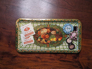 iridescent metal tray with floral motif border, grid background, and flower basket motif in the center -  - #tag1# - #tag2# - #tag3# - #tag4# - the Artful Accumulator's Vintage Boutique