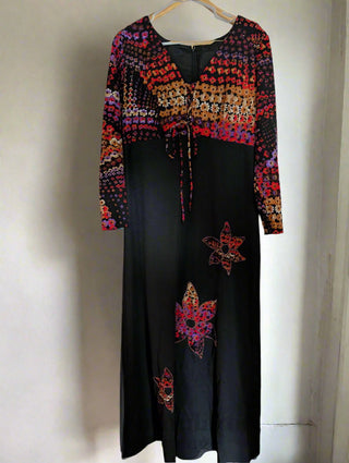 long vintage autumnal dress with multicolour top in warm colours with a black maxi skirt - Artful Accumulator Boutique Vintage