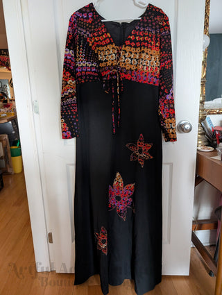 long vintage autumnal dress with multicolour top in warm colours with a black maxi skirt - Artful Accumulator Boutique Vintage