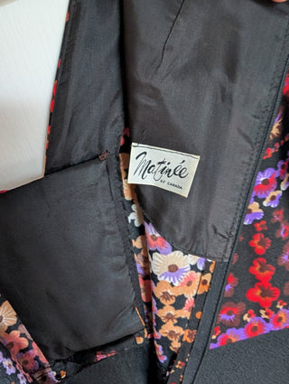 long vintage autumnal dress with multicolour top in warm colours with a black maxi skirt - Artful Accumulator Boutique Vintage