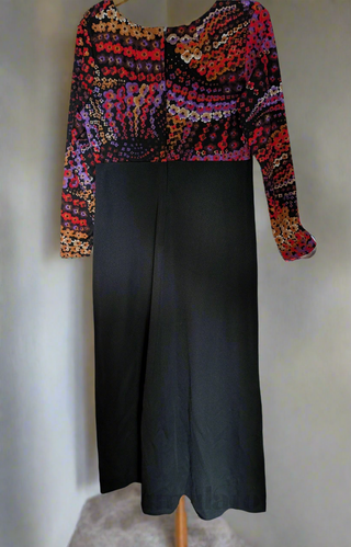 long vintage autumnal dress with multicolour top in warm colours with a black maxi skirt - Artful Accumulator Boutique Vintage