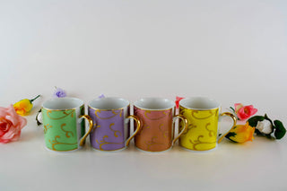 multicolor espresso set for 4: pink, yellow, green, violet with gold swirls + saucers -  - #tag1# - #tag2# - #tag3# - #tag4# - the Artful Accumulator's Vintage Boutique