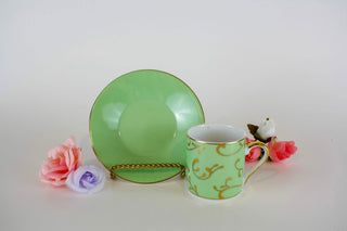 multicolor espresso set for 4: pink, yellow, green, violet with gold swirls + saucers -  - #tag1# - #tag2# - #tag3# - #tag4# - the Artful Accumulator's Vintage Boutique