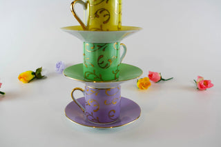 multicolor espresso set for 4: pink, yellow, green, violet with gold swirls + saucers -  - #tag1# - #tag2# - #tag3# - #tag4# - the Artful Accumulator's Vintage Boutique