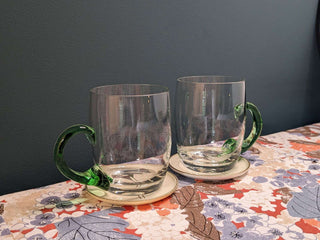 pair of clear glass mugs, handblown, green handle, volume 500ml -  - #tag1# - #tag2# - #tag3# - #tag4# - the Artful Accumulator's Vintage Boutique