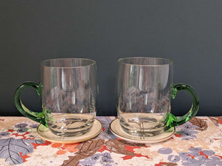 pair of clear glass mugs, handblown, green handle, volume 500ml -  - #tag1# - #tag2# - #tag3# - #tag4# - the Artful Accumulator's Vintage Boutique