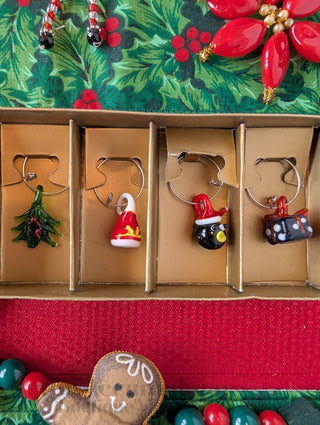 party set of 5 Christmas-themed wine charms made from lamp-worked glass - Artful Accumulator Boutique Vintage