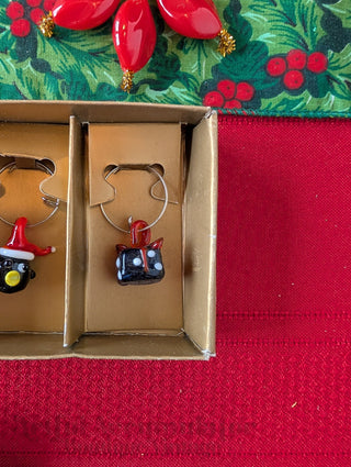 party set of 5 Christmas-themed wine charms made from lamp-worked glass - Artful Accumulator Boutique Vintage