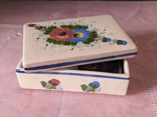 rectangular trinket box with flowers in pink and blue, with blue lines around the edges -  - #tag1# - #tag2# - #tag3# - #tag4# - the Artful Accumulator's Vintage Boutique