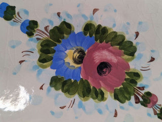 rectangular trinket box with flowers in pink and blue, with blue lines around the edges -  - #tag1# - #tag2# - #tag3# - #tag4# - the Artful Accumulator's Vintage Boutique