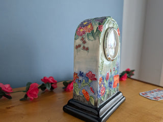 Ceramic Clock, Arch shaped, floral imagery with subtle 3d effect