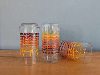 Set of 3, red-orange gradient floral wheat, tumblers