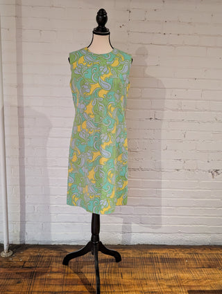 Mod style vintage dress in light blue, green, and yellow. lined