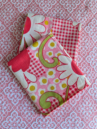 Shirley -  set of 2 pillowcases - big white flowers with red, pink flowers, red checkered pattern, and greenstems