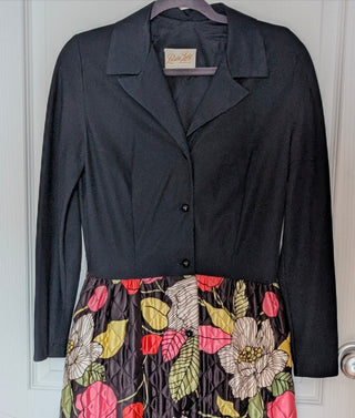 Eva - hostess dress - beautiful black collared, button up dress with brightly coloured quilted floral skirt