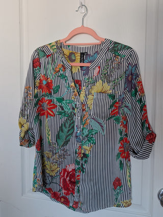 Modern* dark blue vertical lines on white with yellow sunflowers, red roses, blue flowers, button up blouse with silver buttons and half length button tab sleeves