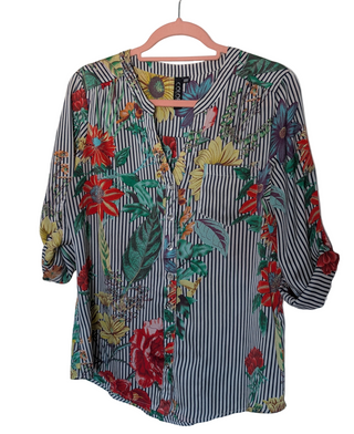 Modern* dark blue vertical lines on white with yellow sunflowers, red roses, blue flowers, button up blouse with silver buttons and half length button tab sleeves