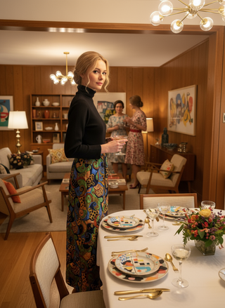 Jane - hostess dress - beautiful black high collared, zip up dress with fall colours quilted floral skirt