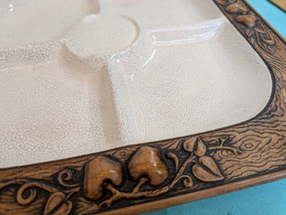 Ceramic faux wood grain divided tray with fruit motifs. Treasure Craft 1956