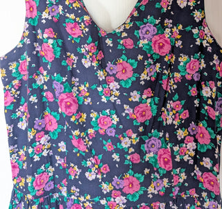 Belladonna - fit & flare drop waist dress - bouquets of pink, purple, white, and yellow flowers with green leaves on a dark blue background