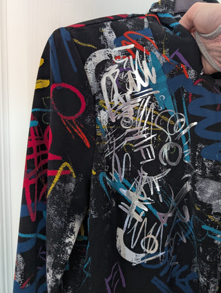 Modern * Black blazer with multi colored and metallic graffiti drawings on black