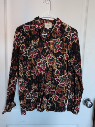 autumnal floral and leaf pattern, long sleeve button up shirt blouse, size 34