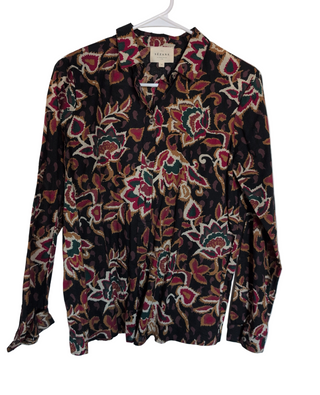 Chemisier boutonné à manches longues, motif floral et feuilles automnal, taille 34