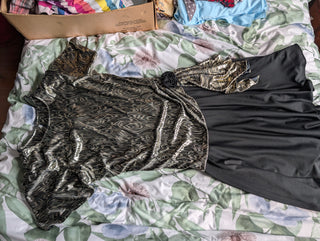 Silver & black drop waist shiny vintage dress with zebra pattern