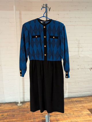 Blue & black patterned vintage sweater dress with belt, gold buttons