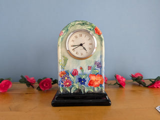 Ceramic Clock, Arch shaped, floral imagery with subtle 3d effect