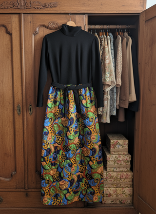 Jane - hostess dress - beautiful black high collared, zip up dress with fall colours quilted floral skirt