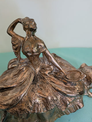 Weidlich Brothers silver casket jewelry box with a woman in a dress holding a hand mirror
