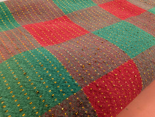 Holly - rectangular Christmas tablecloth - red, red-green, and green squares with gold thread stitching