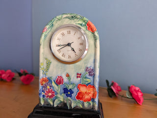 Ceramic Clock, Arch shaped, floral imagery with subtle 3d effect