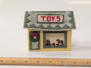 Vintage Christmas Village, choice of 7 wind-up music boxes made from yarn and plastic canvas