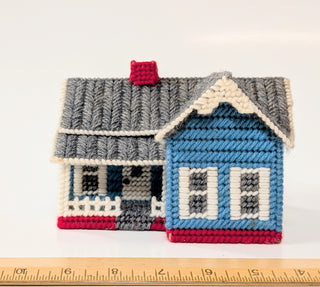 Vintage Christmas Village, choice of 7 wind-up music boxes made from yarn and plastic canvas