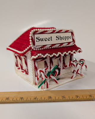 Vintage Christmas Village, choice of 7 wind-up music boxes made from yarn and plastic canvas